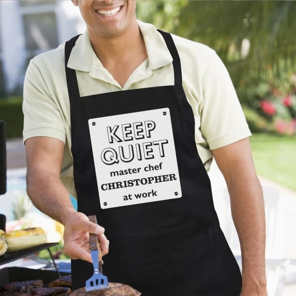 Personalised Keep Quiet Black Apron 2 Personalised Keep Quiet Black Apron - Image 2