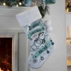 Personalised The Snowman And The Snowdog Luxury Silver Grey Stocking