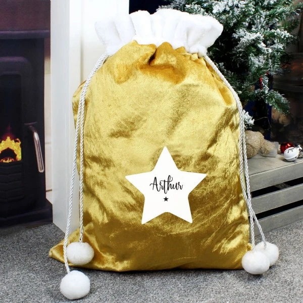 Personalised Star Luxury Pom Pom Gold Sack 1 Personalised Star Luxury Pom Pom Gold Sack