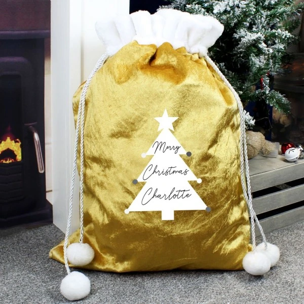Personalised Christmas Tree Luxury Pom Pom Gold Sack 1 Personalised Christmas Tree Luxury Pom Pom Gold Sack