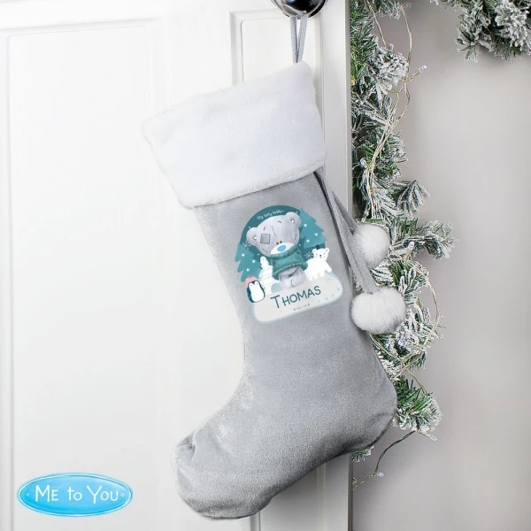 Personalised First Christmas Tiny Tatty Teddy Silver Grey Stocking 3 Personalised First Christmas Tiny Tatty Teddy Silver Grey Stocking - Image 3