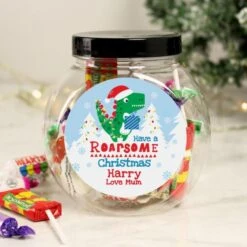 Personalised Dinosaur "Have A Roarsome Christmas" Sweet Jar 6 Personalised Dinosaur "Have A Roarsome Christmas" Sweet Jar -PERSONALISE STORE p0512ac03 2