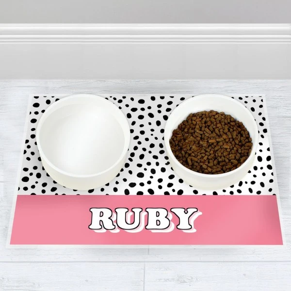 Personalised Pink Spots Dog Pet Bowl Mat 1 Personalised Pink Spots Dog Pet Bowl Mat