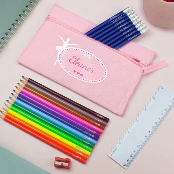 Pink Ballerina Pencil Case With Personalised Pencils & Crayons 1 Pink Ballerina Pencil Case With Personalised Pencils & Crayons