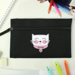Personalised Cute Cat Black Pencil Case