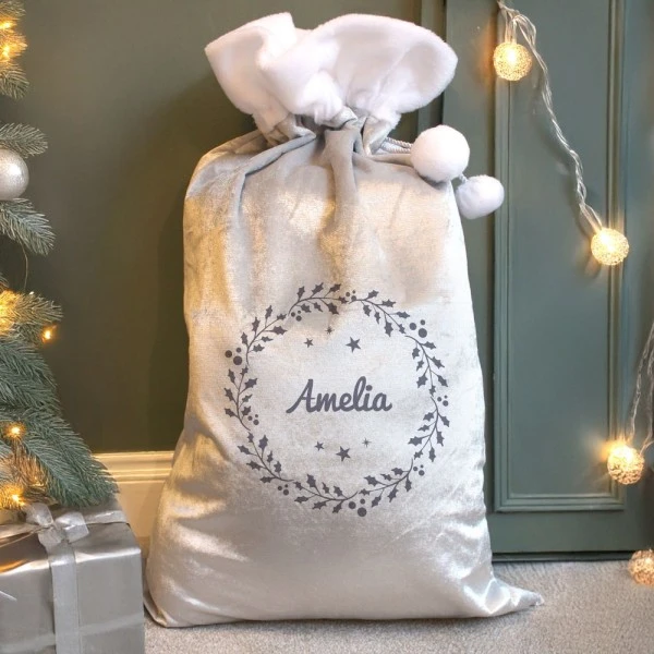 Personalised Holly Grey Christmas Sack 1 Personalised Holly Grey Christmas Sack