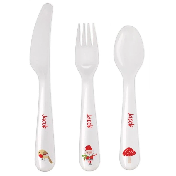 Personalised Christmas Toadstool Santa 3 Piece Plastic Cutlery Set 2 Personalised Christmas Toadstool Santa 3 Piece Plastic Cutlery Set - Image 2