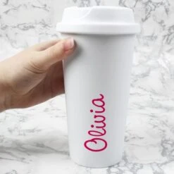 Personalised Pink Name Insulated Reusable Eco Travel Cup 6 Personalised Pink Name Insulated Reusable Eco Travel Cup -PERSONALISE STORE p0813b05 2