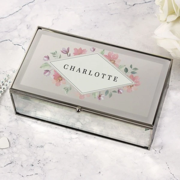 Personalised Floral Watercolour Mirrored Jewellery Box 1 Personalised Floral Watercolour Mirrored Jewellery Box