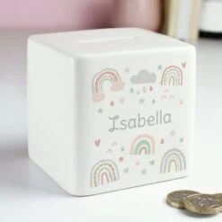 Personalised Rainbow Ceramic Square Money Box -PERSONALISE STORE p100509 3