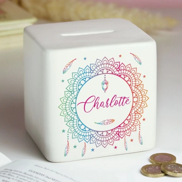 Personalised Dreamcatcher Ceramic Square Money Box 1 Personalised Dreamcatcher Ceramic Square Money Box