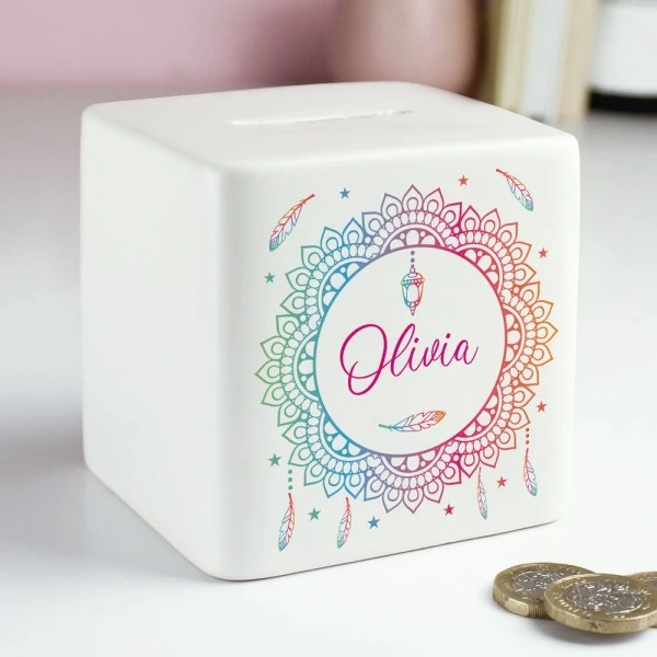 Personalised Dreamcatcher Ceramic Square Money Box 2 Personalised Dreamcatcher Ceramic Square Money Box - Image 2