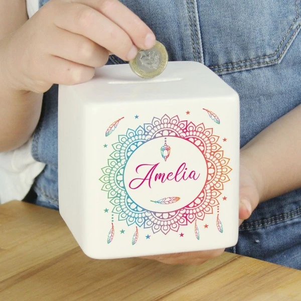 Personalised Dreamcatcher Ceramic Square Money Box 3 Personalised Dreamcatcher Ceramic Square Money Box - Image 3