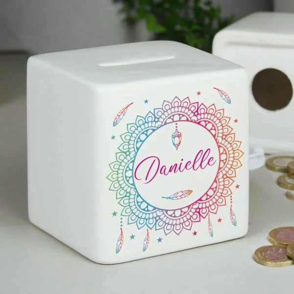Personalised Dreamcatcher Ceramic Square Money Box 4 Personalised Dreamcatcher Ceramic Square Money Box - Image 4