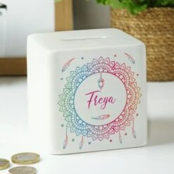 Personalised Dreamcatcher Ceramic Square Money Box 12 Personalised Dreamcatcher Ceramic Square Money Box -PERSONALISE STORE p100517 5