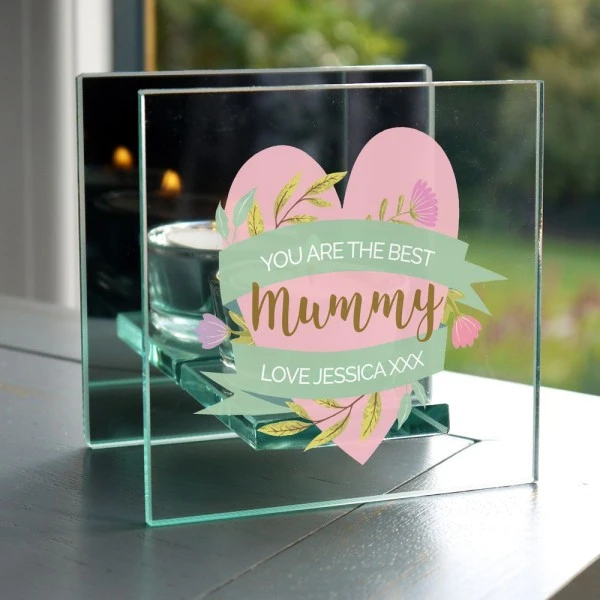 Personalised Floral Heart Mothers Day Mirrored Glass Tea Light Holder 1 Personalised Floral Heart Mothers Day Mirrored Glass Tea Light Holder