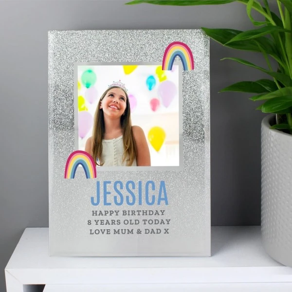 Personalised Rainbow 4x4 Glitter Glass Photo Frame 1 Personalised Rainbow 4x4 Glitter Glass Photo Frame