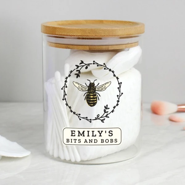 Personalised Bee Glass Jar With Bamboo Lid 1 Personalised Bee Glass Jar With Bamboo Lid