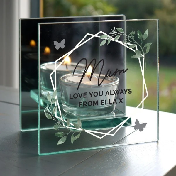 Personalised Botanical Mirrored Glass Tea Light Candle Holder 1 Personalised Botanical Mirrored Glass Tea Light Candle Holder