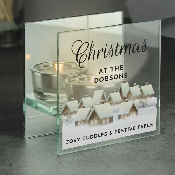 Personalised Christmas Village Mirrored Glass Tea Light Candle Holder 1 Personalised Christmas Village Mirrored Glass Tea Light Candle Holder