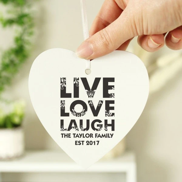 Personalised Live Love Laugh Wooden Heart Decoration 2 Personalised Live Love Laugh Wooden Heart Decoration - Image 2