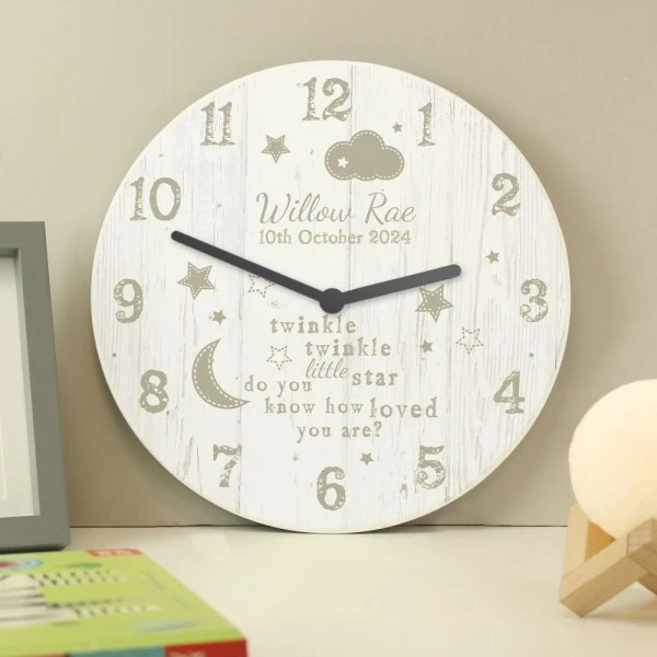 Personalised Twinkle Twinkle Shabby Chic Large Wooden Clock 1 Personalised Twinkle Twinkle Shabby Chic Large Wooden Clock