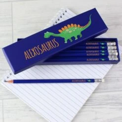 Personalised Dinosaur Box Of 12 Blue HB Pencils