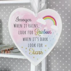 Personalised Rainbows And Stars Large Wooden Heart Decoration