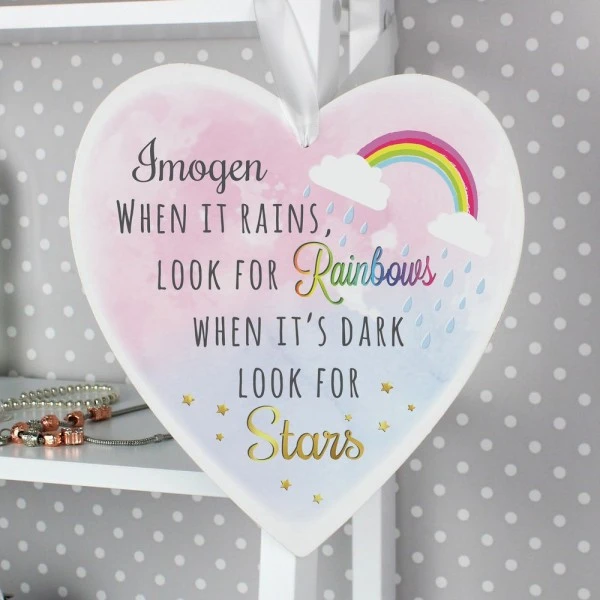 Personalised Rainbows And Stars Large Wooden Heart Decoration 1 Personalised Rainbows And Stars Large Wooden Heart Decoration
