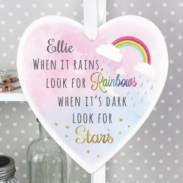 Personalised Rainbows And Stars Large Wooden Heart Decoration 3 Personalised Rainbows And Stars Large Wooden Heart Decoration - Image 3