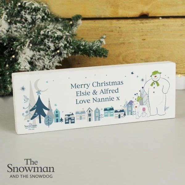 Personalised The Snowman And The Snowdog Wooden Block Sign 1 Personalised The Snowman And The Snowdog Wooden Block Sign