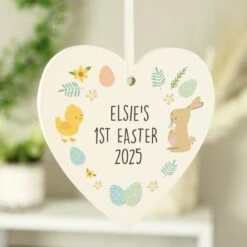 Personalised Easter Bunny & Chick Wooden Heart Decoration