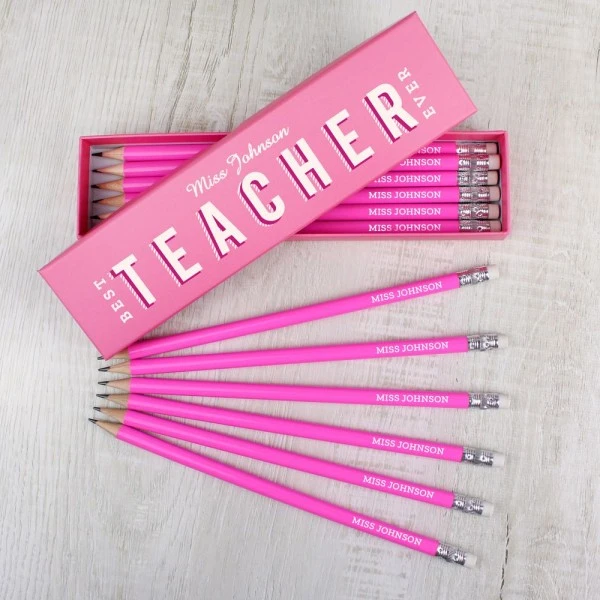 Personalised Best Teacher Ever Box And 12 Pink HB Pencils 1 Personalised Best Teacher Ever Box And 12 Pink HB Pencils