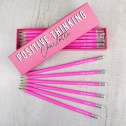 Personalised Positive Thinking Box And 12 Pink HB Pencils