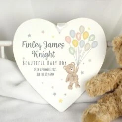 Personalised Teddy & Balloons White Wooden Heart -PERSONALISE STORE p1011e65 2