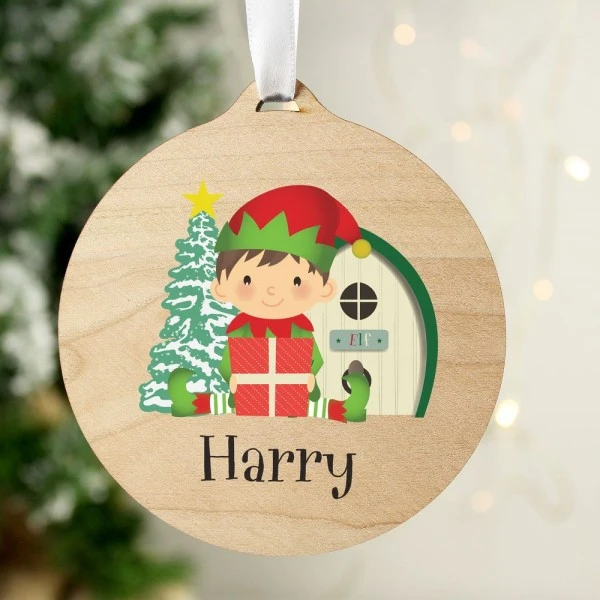 Personalised Elf Round Wooden Decoration 1 Personalised Elf Round Wooden Decoration