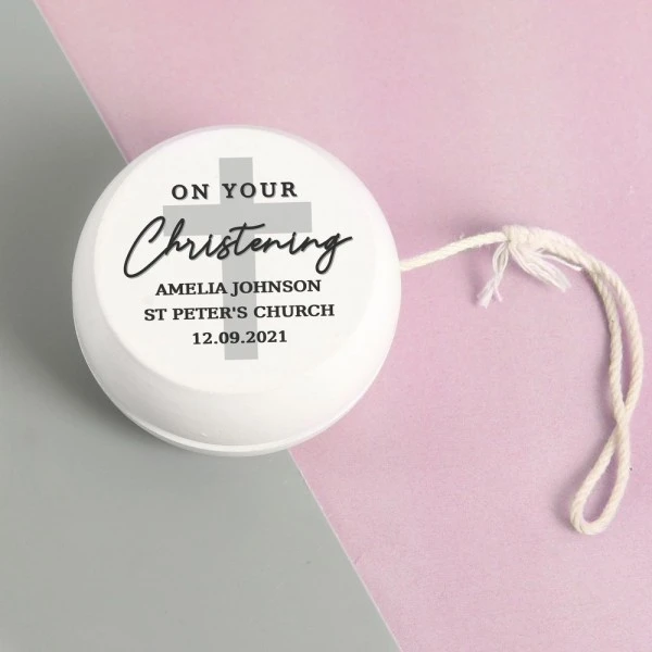 Personalised On Your Christening White Wooden Yoyo 2 Personalised On Your Christening White Wooden Yoyo - Image 2