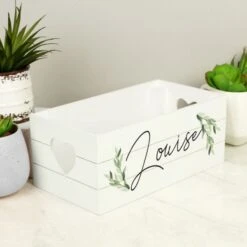 Personalised Name Only Botanical White Wooden Crate