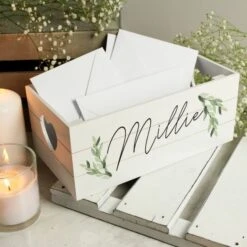 Personalised Name Only Botanical White Wooden Crate -PERSONALISE STORE p1011f01 2