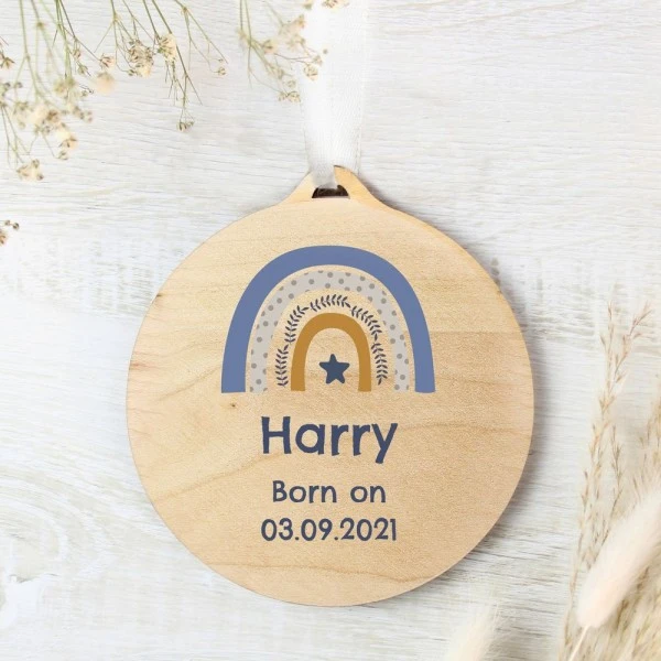 Personalised Blue Rainbow Round Wooden Decoration 2 Personalised Blue Rainbow Round Wooden Decoration - Image 2