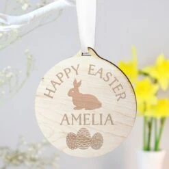 Personalised Easter Bunny Round Wooden Decoration