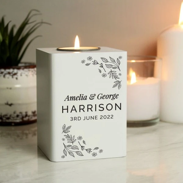 Personalised Floral Leaf White Wooden Tea Light Holder 2 Personalised Floral Leaf White Wooden Tea Light Holder - Image 2