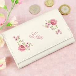Personalised Floral Cream Leather Purse -PERSONALISE STORE p1014a22 2