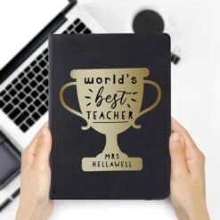 Personalised Worlds Best Teacher Trophy Black Hardback Notebook -PERSONALISE STORE p1014b86 2
