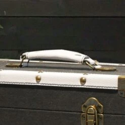 Personalised 12 Inch Record Storage Box - Black Cloth With White Leather Trim - Half Record Sticker -PERSONALISE STORE personalised 12 inch record storage box black cloth all 02 1