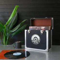 Personalised 12 Inch Record Storage Box - Black Leather Effect With Metal Trim - Half Record Sticker -PERSONALISE STORE personalised 12 inch record storage box black half record sticker 02 1