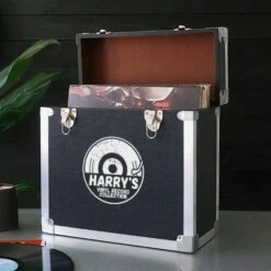 Personalised 12 Inch Record Storage Box - Black Leather Effect With Metal Trim - Half Record Sticker