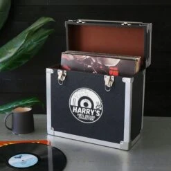 Personalised 12 Inch Record Storage Box - Black Leather Effect With Metal Trim - Half Record Sticker -PERSONALISE STORE personalised 12 inch record storage box black half record sticker 04 1