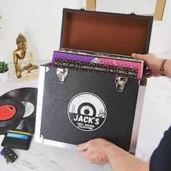 Personalised 12 Inch Record Storage Box - Black Leather Effect With Metal Trim - Half Record Sticker -PERSONALISE STORE personalised 12 inch record storage box black half record sticker 05