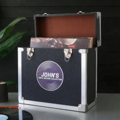 Personalised 12 Inch Record Storage Box - Black Leather Effect With Metal Trim - Record Sticker